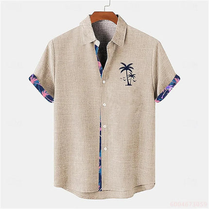 2026 Summer Men's Short-Sleeve Shirt, Coconut Tree Print, Color-Blocked Placket, Casual Vacation Beach Shirt, Hawaiian Shirt