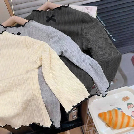 6M-8Y Girls' Long Sleeved T-shirt Children's Ruffled Edge Bow Knitted Tops 2025 Autumn New Versatile Base Shirt for Baby Girls