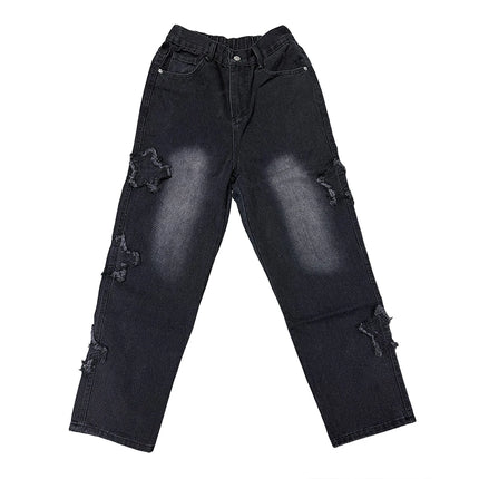 New Men's Star Embroidered Fashion Baggy Jeans Y2K Streetwear Hip Hop Oversize Straight Loose Denim Trousers Wide Leg Pants