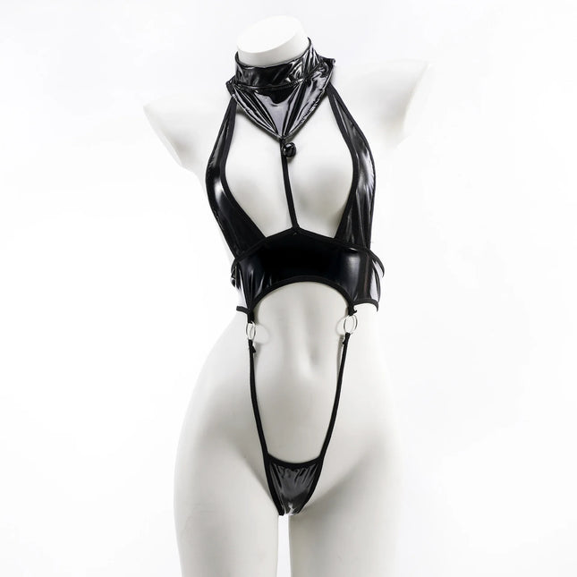 Anime Cosplay Lingerie Halter Three Point Swimsuit Hollow Out Backless Faux Leather Catsuit Women Sexy Bodysuit Bandage Set