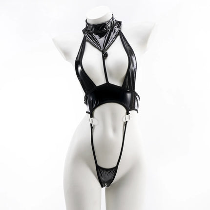Anime Cosplay Lingerie Halter Three Point Swimsuit Hollow Out Backless Faux Leather Catsuit Women Sexy Bodysuit Bandage Set