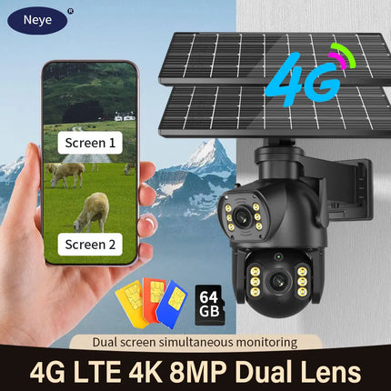 Neye P18 Solar Powered 4G SIM Card Camera 4K 8MP Outdoor Dual Lens PTZ Camera PIR Human Detection Ultra Long Battery Life