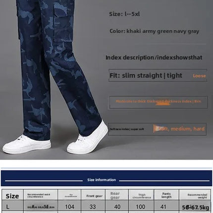 Men's casual camouflage work pants with multiple pockets, outdoor sport pure cotton straight-leg long pants, loose fit for work