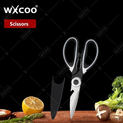 WXCOO Stainless Steel Chef Knife Household Kitchen Knife Laser Damascus Pattern Slicing Scissors Cleaver Fruit Knife Holder