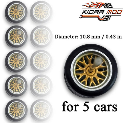 1/64 Wheels with Fixed Rubber Tires Branches Spoke for Toy Model Diecast Cars Refiting Parts for Hotwheels (5 sets for 5 Cars)