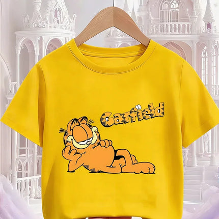 Garfield Cartoon Crew Neck T Shirt Children Boys Girls Summer Cute Kawaii Fashion Street Casual Tops 3-14 Years
