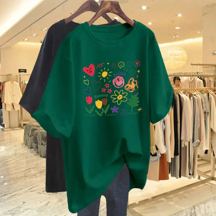 Women Clothing Chic Hand-painted Printing Basic T-shirt Summer Fashion Pure Cotton Round Neck Short Sleeve Tees Casual Loose Top