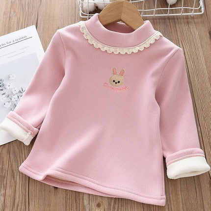 1pc Children's T-Shirt Rabbit Embroidery Velvet Warm Top Kids Half High Collar Long Sleeve Base Shirt Girls T-Shirts Clothes