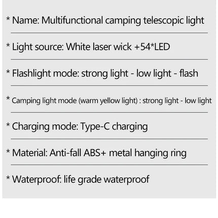 Multi-functional Camping Light 2 in 1 Rechargeable Telescopic Camping Lantern Flashlight with Hook Outdoor Emergency Work Light