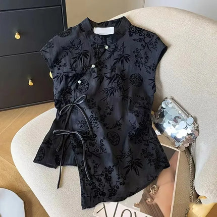Retro Thin Shirt New Chinese Style Slanting Lapel Cheongsam Top 2025 Summer Black Jacquard Short Sleeve T-shirt Women's Clothing