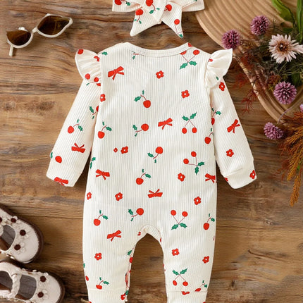 2025 Cute Baby Girls Rompers Long Sleeve Outwear Newborn InfantPrint Cherry Jumpsuits Two Pieces Spring Autumn For 0-1Y