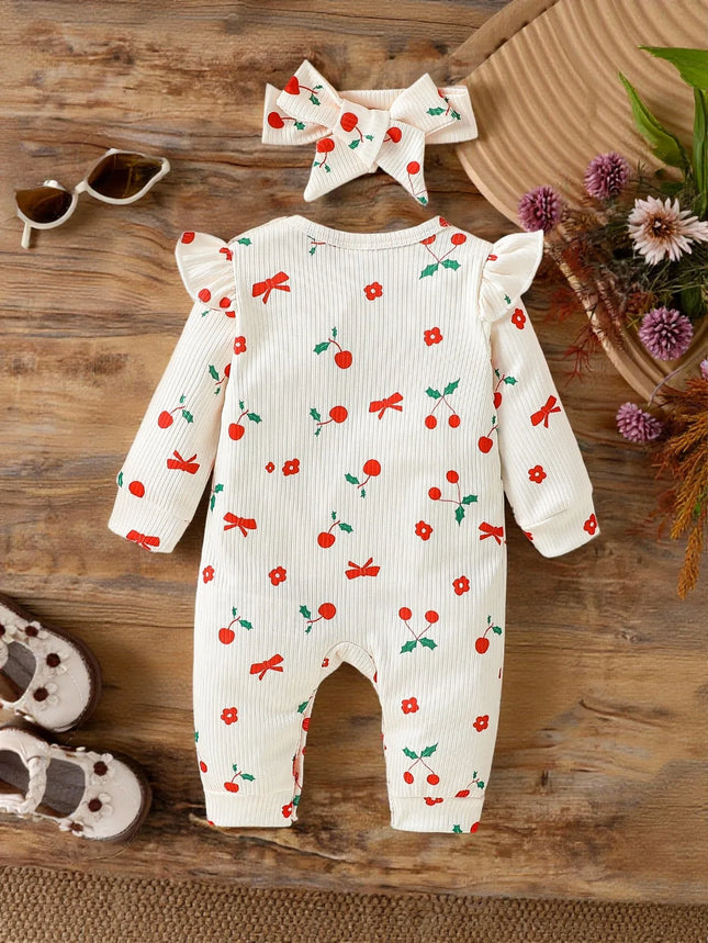 2025 Cute Baby Girls Rompers Long Sleeve Outwear Newborn Infant Print Cherry Jumpsuits Two Pieces Spring Autumn For 0-1Y