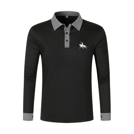 Men's Houndstooth Patchwork Long Sleeve Polo Shirt Classic Casual Business Tops Breathable Lightweight Knitwear for Spring Fall