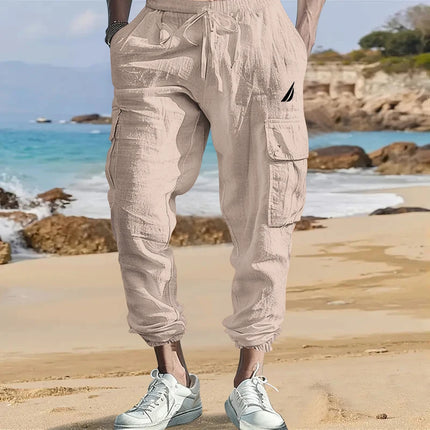 Men's Cotton Linen Blend Cargo Jogger Pants, Elastic Waist Drawstring Trousers with Side Pockets for Summer Casual Daily Outdoor