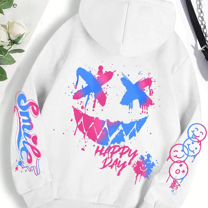 Happy Day Graffiti Print Women Hoodie Street Hip Hop Hoody Fashion Crewneck Versatile Hoodies Vintage Oversize Clothes Female