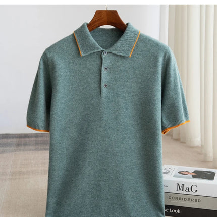 100% Merino Wool T-shirt Men's POLO Collar Short Sleeve Pullover 2025 Spring/Autumn New Fashion Knit Business Casual Sweater Tee