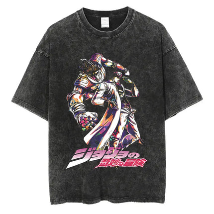 Vintage Washed TShirt Men Summer Hip Hop Streetwear T-shirt JoJo Bizarre Adventure Anime Print Cotton Casual Short Sleeve Tshirt