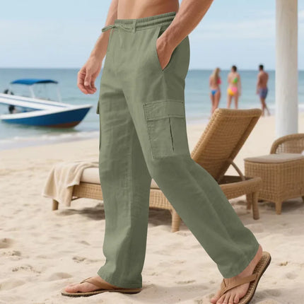 2026 Summer Men'S Cotton And Linen Pants Multiple Pockets Breathable Loose Drawstring Straight Leg Pants Sports And Casual Pants