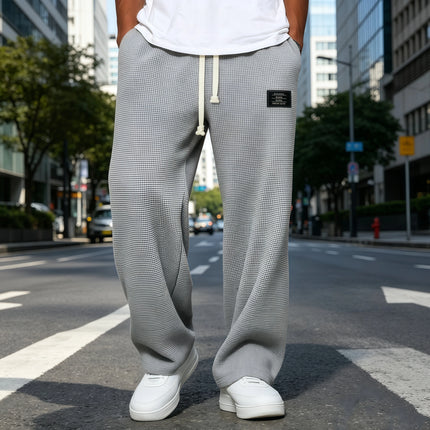 Men Breathable Waffle Knit Wide Leg Sweatpants Drawstring Label Decor Loose Straight Casual Street Sports Trousers