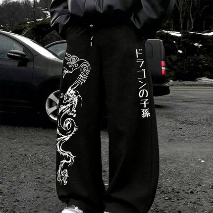 Men's Harajuku Tribal Dragon Vertical Japanese Text Print Wide Leg Sweatpants Drawstring Soft Asian Street Loose Trousers