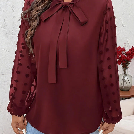 Plus Size Spring Autumn Women Elegant Bow Tie Neck Shirt Office Lady Fashion Solid Curve Clothing Casual Long Sleeve Tops