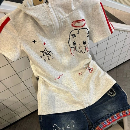 Japanese Cute Babes Slim Fit Cardigan Subculture Kawaii Ears Short Sleeve Hoodies Women Summer New Sweet Streetwear Grey Tops