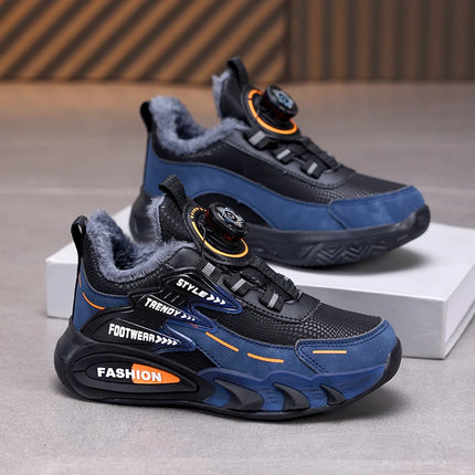 Children Sports Shoes New Rotating Buckle Winter Plush Warm Walking Shoes Boys Non Slip Lightweight Outdoor Running Tennis Shoes