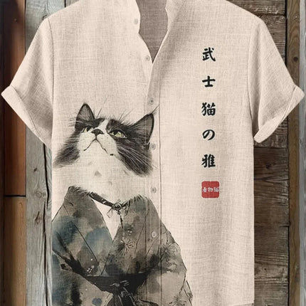 Men's Summer Short Sleeve Shirt Cute Cat Printed Stand up Collar Linen Button up Fashion Designer Party Costume Top