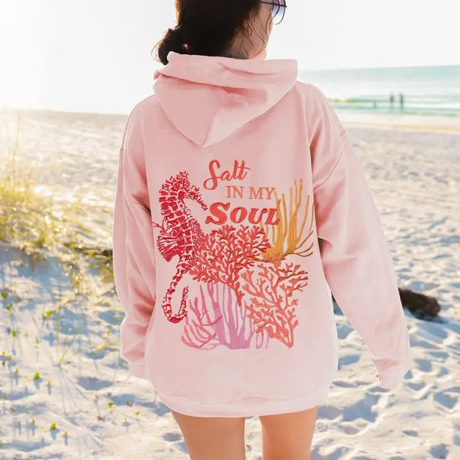 Combhasaki Women Loose Y2K Aesthetic Letter Sea Embroidered Hooded Long Sleeve Sweatshirts Pullover Tops with Kangaroo Pockets