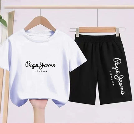 Children's Sportswear Set - White T-shirt + Shorts - Personalized Letter T-shirt Suitable for Boys and Girls Aged 3 to 13
