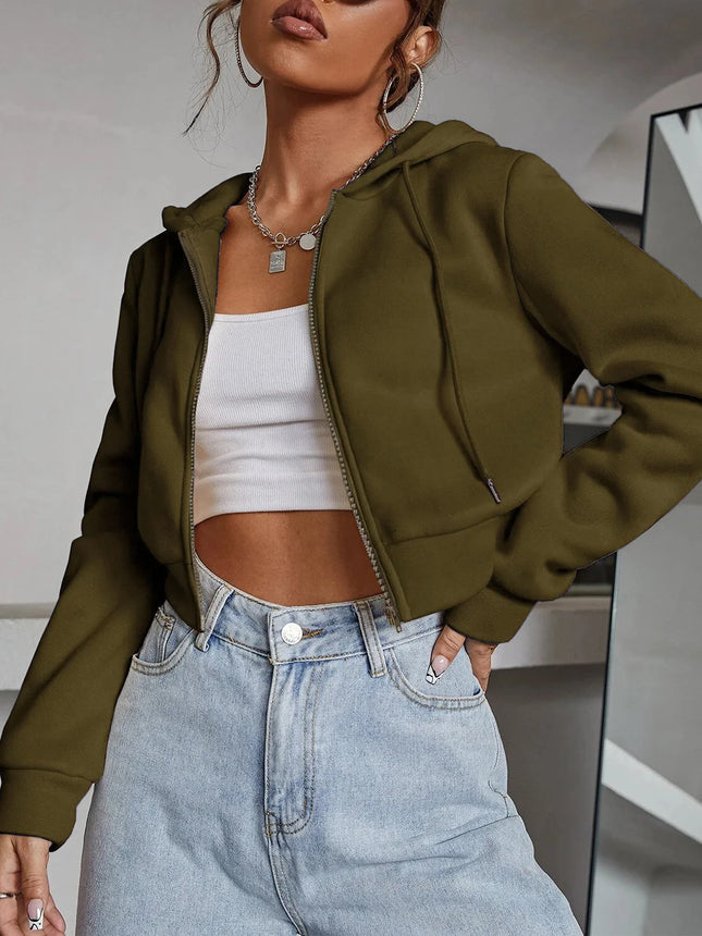 Women's Solid Long Sleeve Drop Shoulder Zip Up Hoodie, Fashion Casual Hooded Cropped Outerwear for Daily Wear, Women Clothes