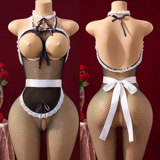 Desires Sex Play Crotchless Costume Adult Cosplay Porno Maid Tights Sheer Lingerie Bodysuit Open Breasts Sexy Uniform Seduction