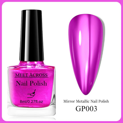 MEET ACROSS 8ml Glass Bottle Metallic Nail Polish Super Silver Gold Mirror Effect Nail Art Polish DIY Manicure Without Lamp