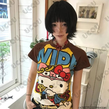 2026 New Y2K Sanrio HelloKitty Anime Cartoon Print T-shirt For Girls Summer Short Sleeve Tees High Street Gothic Kids/Adult Tops