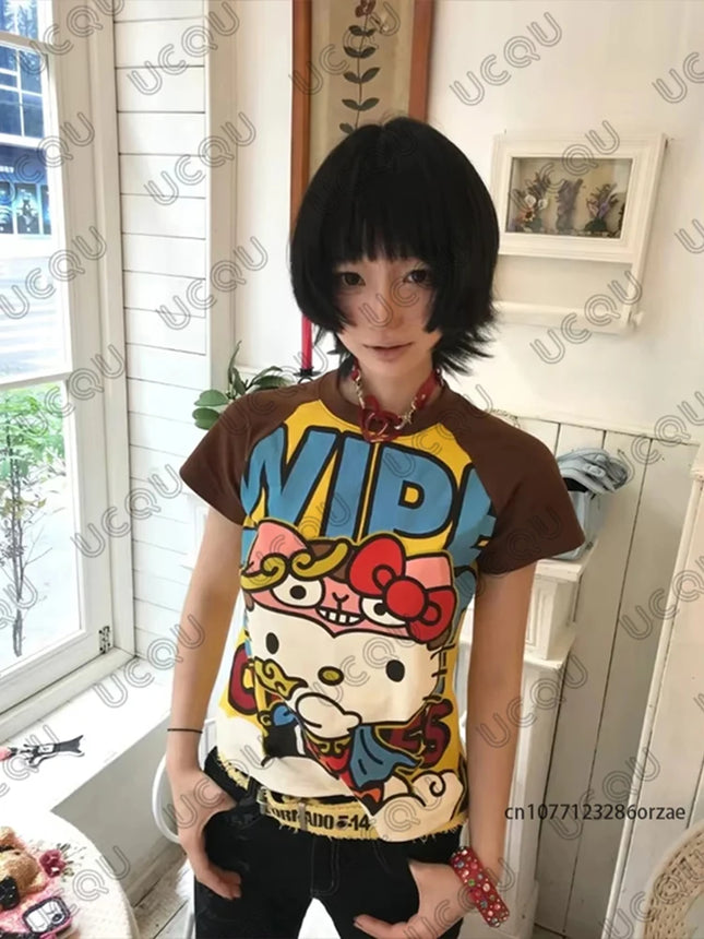 2026 New Y2K Sanrio HelloKitty Anime Cartoon Print T-shirt For Girls Summer Short Sleeve Tees High Street Gothic Kids/Adult Tops