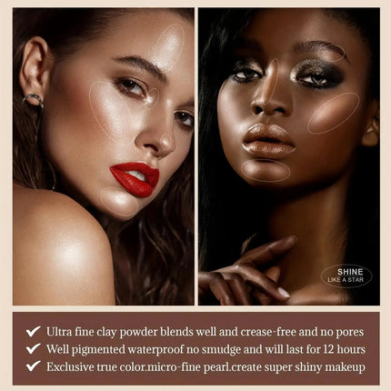 6-Color Bronzed Fine Glitter Highlighter Palette - Eyeshadow Brush Included Contour Highlighter Sculpts Facial Bones