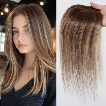 100% Human Hair Toppers Brown Highlight Hairpieces Middle Part Women Hair Topper with Lace Base Clip in Hair Extensions Natural