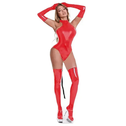 Lady Sexy Faux Leather Latex Catsuits With Belt High Cut Wetlook PU Lingerie Bodysuit Clubwear Costumes Gloves Long Stockings