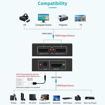 1 x 2 HDMI-compatible Splitter Converter 1 In 2 Out HDMI-compatible Splitter Amplifier 4K Dual Display for PC HDTV DVD PS4 Xbox