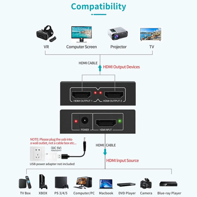 1 x 2 HDMI-compatible Splitter Converter 1 In 2 Out HDMI-compatible Splitter Amplifier 4K Dual Display for PC HDTV DVD PS4 Xbox
