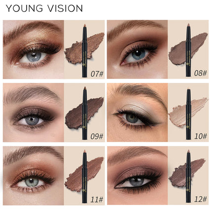 YOUNG VISION 12 Color Eyeshadow Stick Waterproof  Pearl Shimmer cream formula easy to color fine and smooth Woman makeup