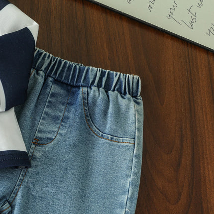 Four-Season Style Baby Boy Striped Polo Shirt + Denim Pants, Classic and Timeless Striped Design, Suitable for Everyday Wear and Outings