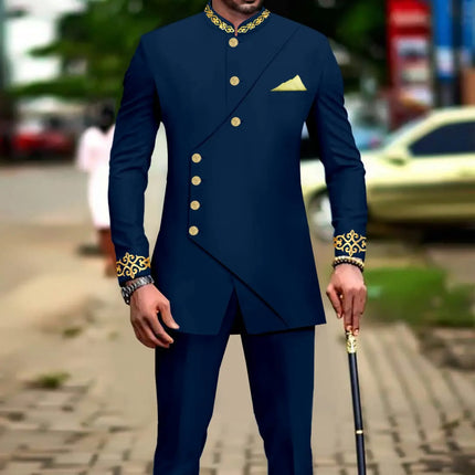 African Suits for Men Slim Fit Embroidery Full Sleeve Double Breasted Blazer and Pants Set Formal Business Dress Suit A2316051