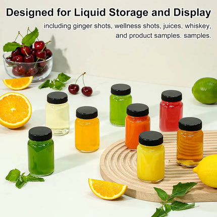 2oz Glass Shot Bottles with lids - Small Clear Jars for Ginger，Wellness Shots, Juice, Travel mini Reusable Wide Mouth bottles