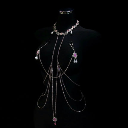 Pink Gemstone Necklace Nipple Clamps Erotic Tassel Body Chain 5 Sizes of Butt Plugs Chest Stimulation Integrated BDSM Restraint