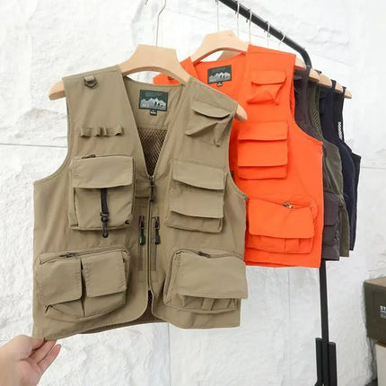 Summer Men's Casual Vest Solid Color Multi-pocket Mesh Patchwork Breathable Sleeveless Vest Camping Fishing Photography Vest Top