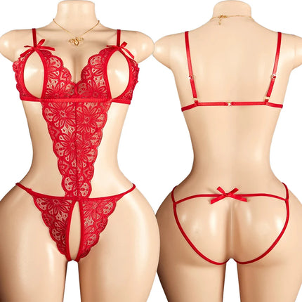 Sexy Lingerie Women Mesh Lace Floral Open Bra Set Porno Costumes Deep V Neck Crotchless Babydoll Dress Hot Erotic Underwear Set