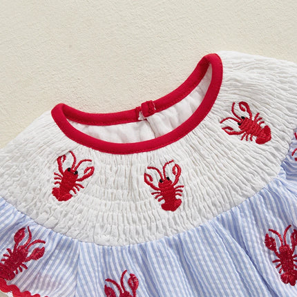 Newborn Baby Girl Crawfish Smocked Bubble Romper Lobster Ruffle Short Sleeve Bodysuit Jumpsuit Summer Outfits