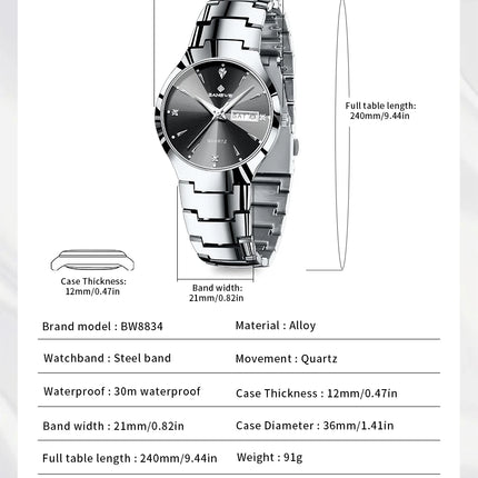 BANGWEI Luxury Business Men's Wristwatch Stainless Steel Waterproof Luminous Man Watch Date Week Fashion Quartz Watches For Men