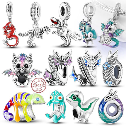 925 Sterling Silver Charms Beads Cute Fire Dragon Shaped Chameleon Charms Fit Original Pendants Bracelet DIY Women Jewelry Gift